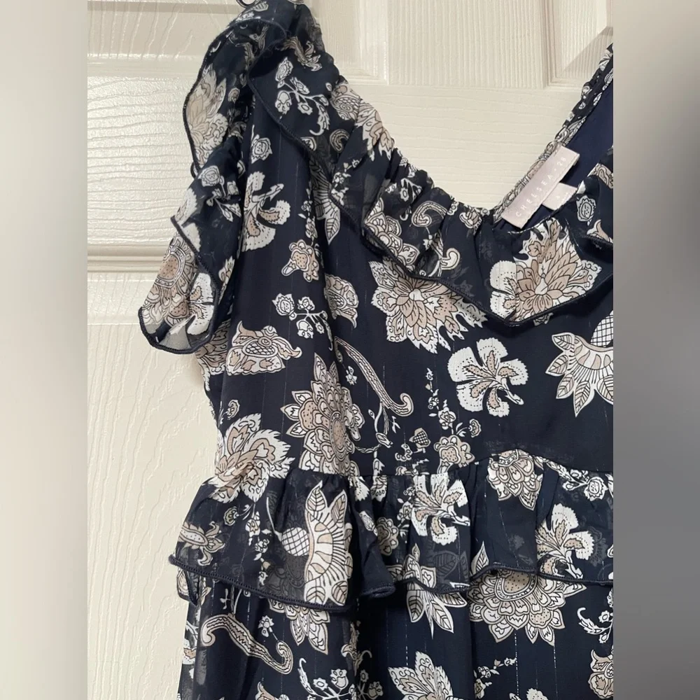 CHELSEA 28 - Spaghetti Strap Navy Paisley Floral Ruffle Mini Dress Size Large - Picture 5 of 7